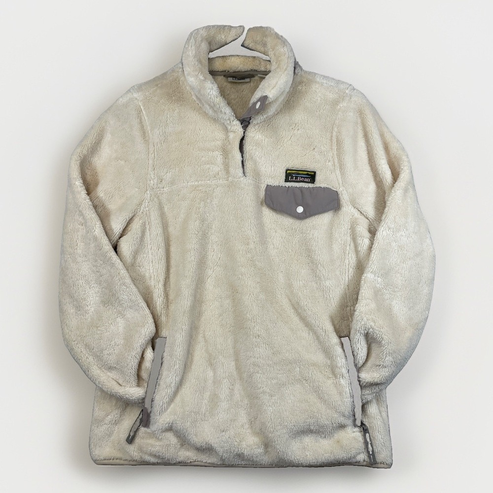 LL Bean Women's Large Hi-Pile Fleece Snap Pullover Sherpa Fuzzy Sweater Pockets